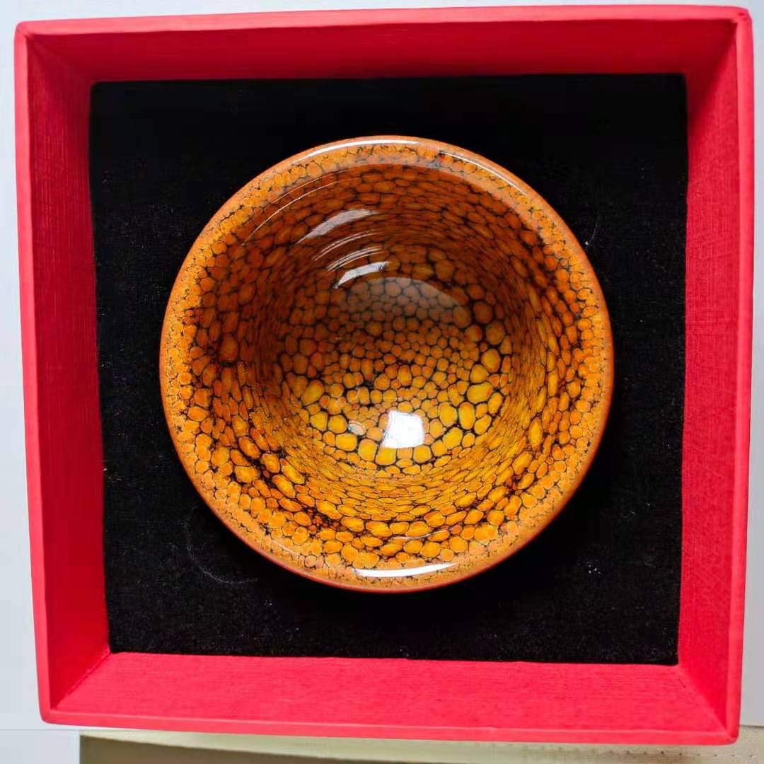 Amazon.co.jp: 天目茶碗 磁器 中国建窑建盞手作り 黄色の油滴竹の節